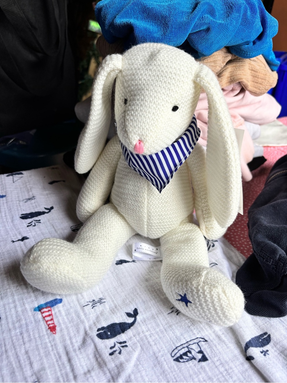 Cream Knit Bunny Plush Toy with Blue Stripe Bandana - Kids Toy